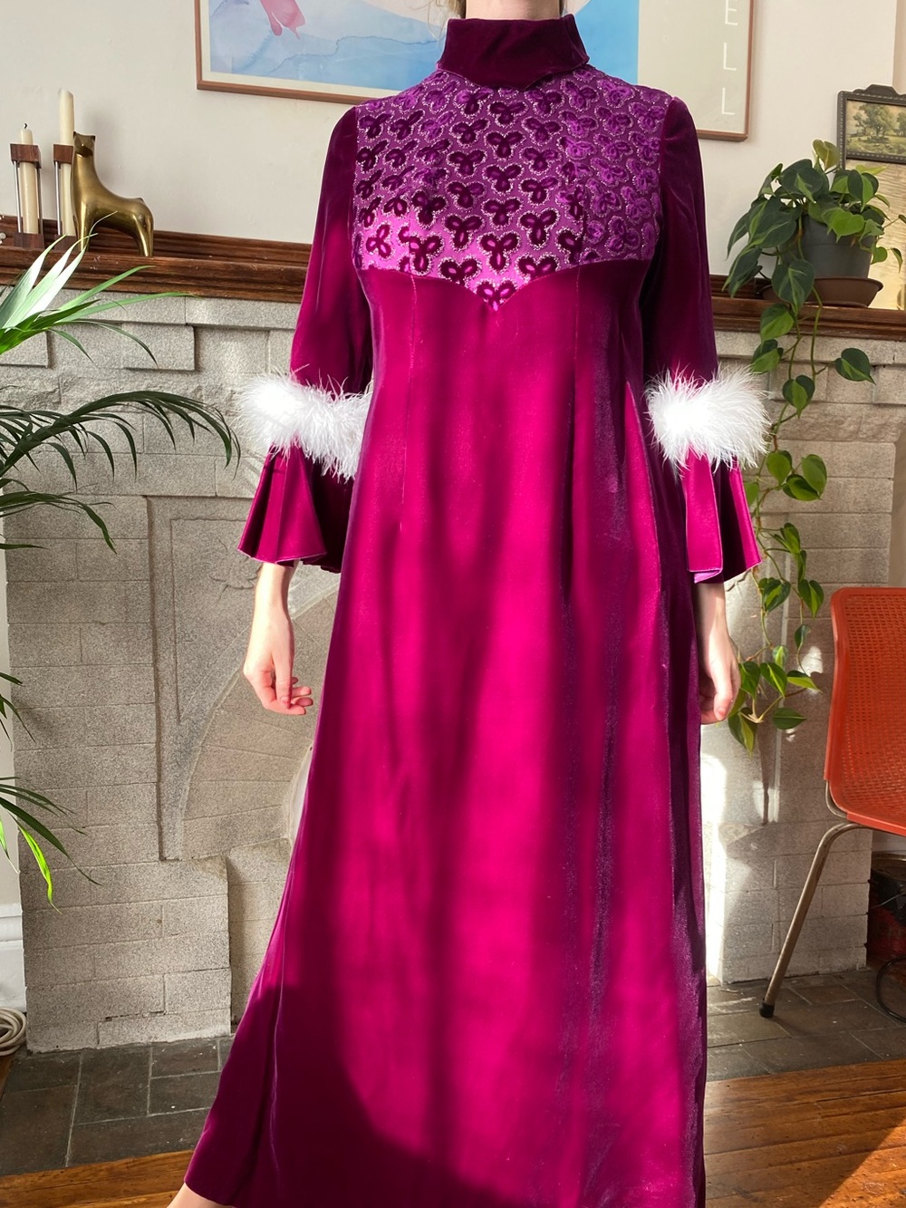 Vintage Deep fuschia aubergine Velvet Maxi Dress with Feather Cuffs